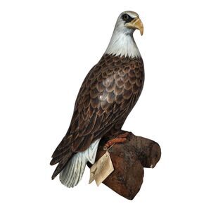 Vintage John J Madison Co Hand Carved Wood Bald Eagle Bird Sculpture 11.5"
